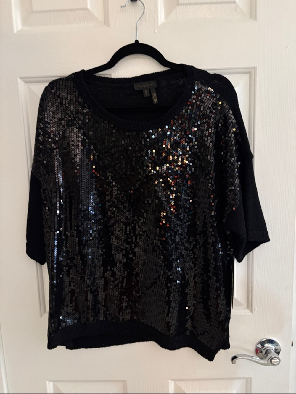 Donna Karan Black Sequin Short-Sleeve Top
